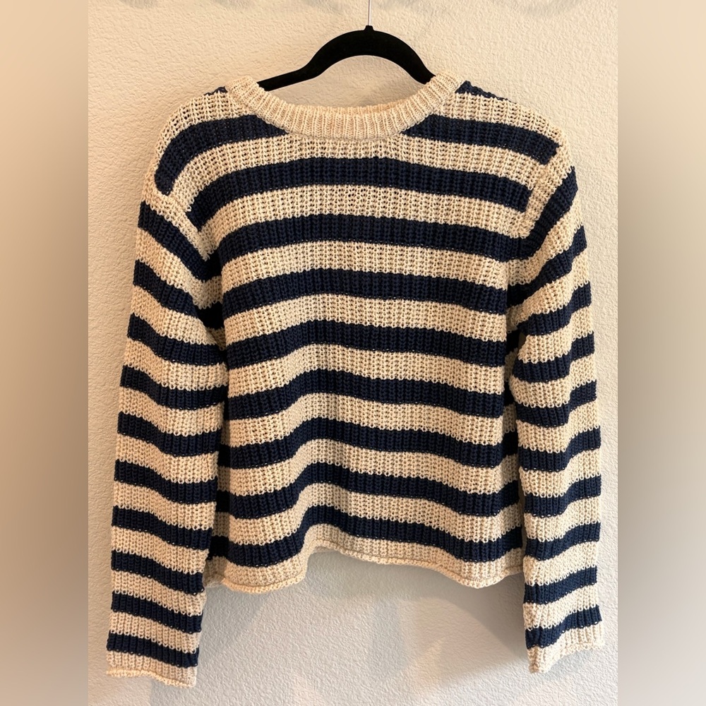 Velvet Striped Navy and Cream Women's Sweater Cotton Size L